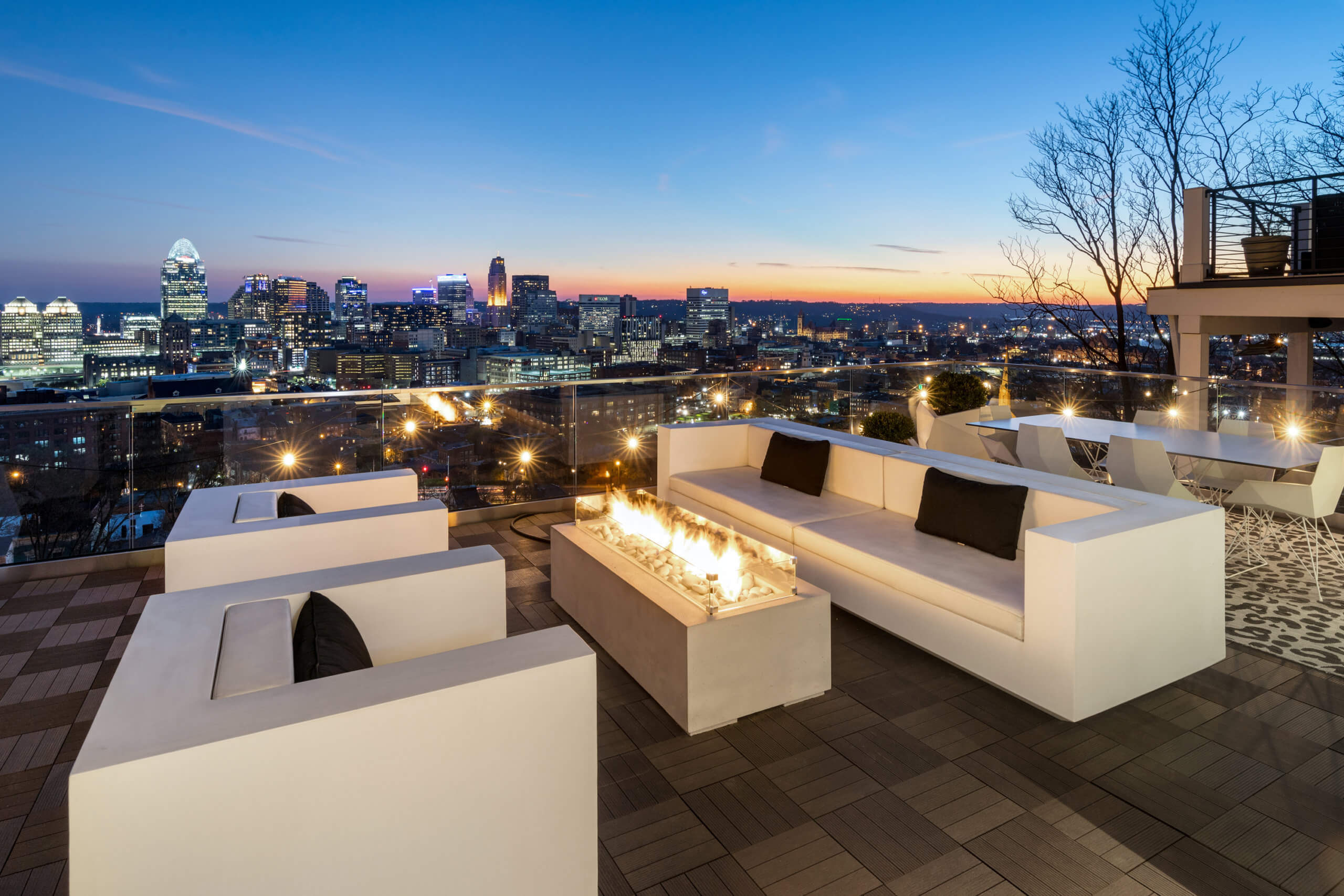 Contemporary Rooftop Design by Cincinnati Interior Designer RM Interiors with Skyline View